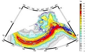 Probabilistic ground-acceleration map for Alaska. Colors depict the peak acceleration that has a 10 percent probability of being exceeded in a 50-year period.